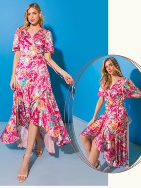 Flying Tomato Pink Floral High-Low Wrap Dress